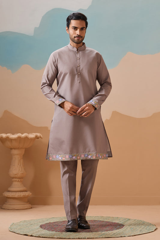 Stunning Grey Embroidered Silk Kurta Set with Floral Jacket for Wedding