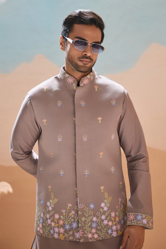 Stunning Grey Embroidered Silk Kurta Set with Floral Jacket for Wedding