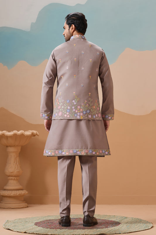 Stunning Grey Embroidered Silk Kurta Set with Floral Jacket for Wedding
