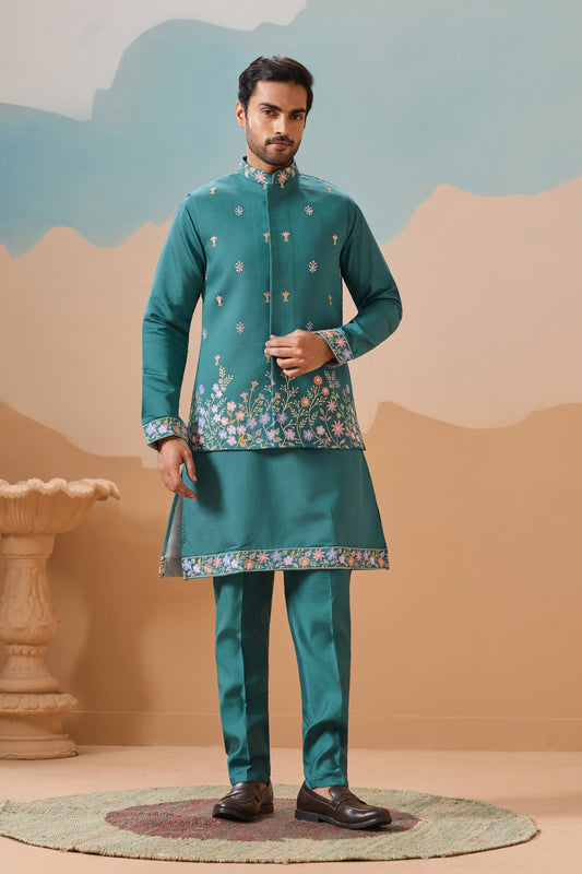 Superb Rama Green Embroidered Silk Kurta Set with Floral Jacket for Wedding