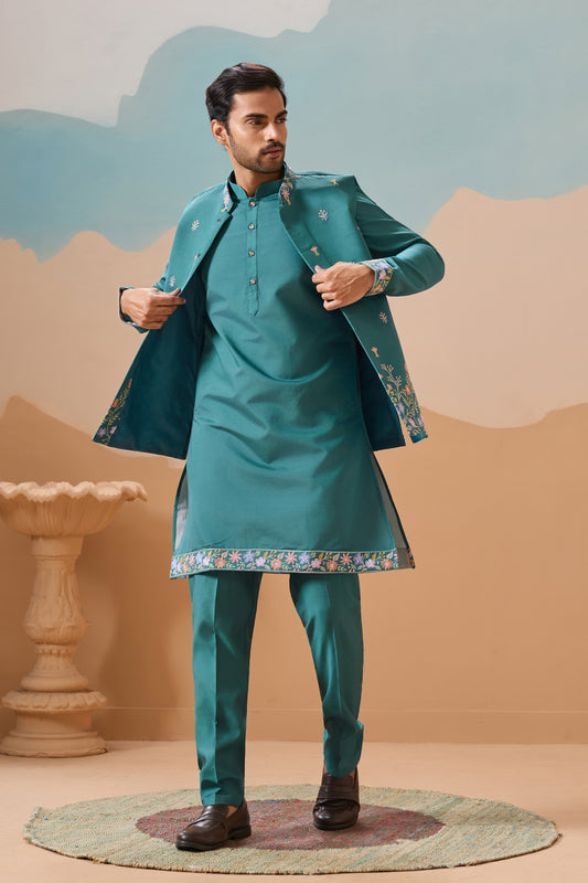 Superb Rama Green Embroidered Silk Kurta Set with Floral Jacket for Wedding