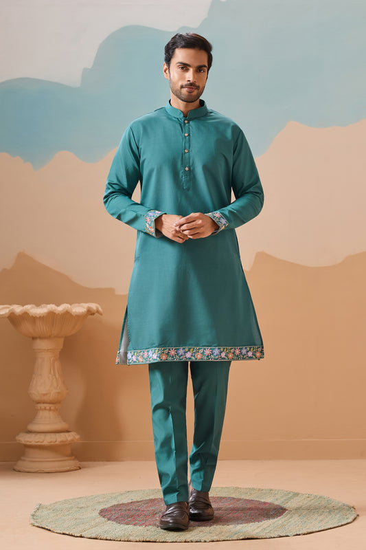 Superb Rama Green Embroidered Silk Kurta Set with Floral Jacket for Wedding