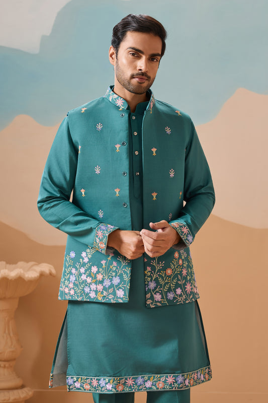 Superb Rama Green Embroidered Silk Kurta Set with Floral Jacket for Wedding