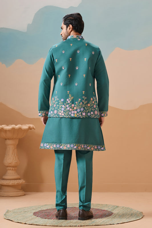 Superb Rama Green Embroidered Silk Kurta Set with Floral Jacket for Wedding