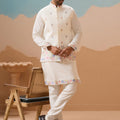 Outstanding White Embroidered Silk Kurta Set with Floral Jacket for Wedding