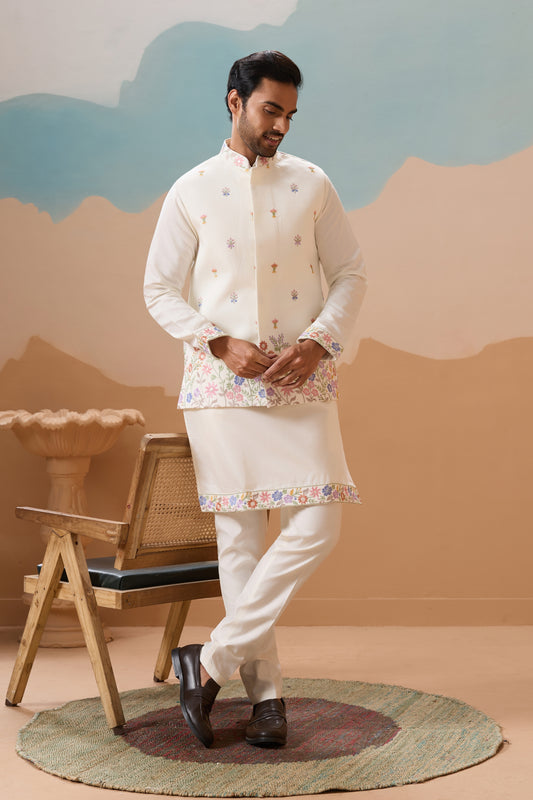 Outstanding White Embroidered Silk Kurta Set with Floral Jacket for Wedding