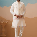 Outstanding White Embroidered Silk Kurta Set with Floral Jacket for Wedding