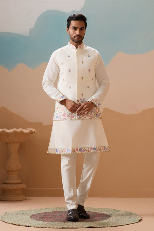 Outstanding White Embroidered Silk Kurta Set with Floral Jacket for Wedding