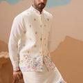 Outstanding White Embroidered Silk Kurta Set with Floral Jacket for Wedding
