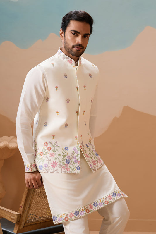 Outstanding White Embroidered Silk Kurta Set with Floral Jacket for Wedding