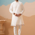 Outstanding White Embroidered Silk Kurta Set with Floral Jacket for Wedding