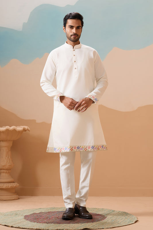 Outstanding White Embroidered Silk Kurta Set with Floral Jacket for Wedding