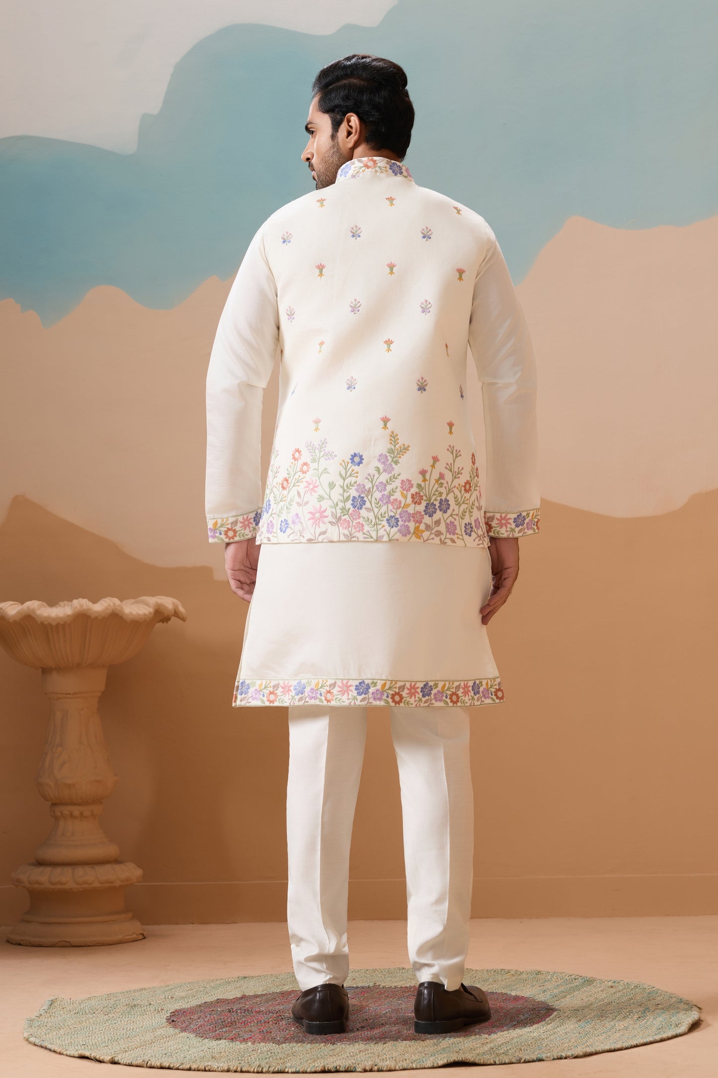 Outstanding White Embroidered Silk Kurta Set with Floral Jacket for Wedding