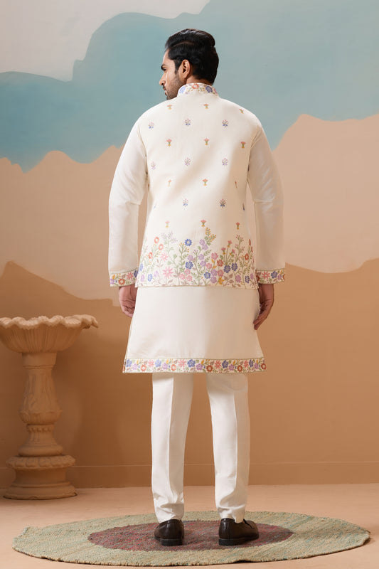 Outstanding White Embroidered Silk Kurta Set with Floral Jacket for Wedding