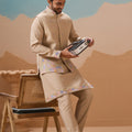 Handsome Beige Silk Embroidered Kurta Set with Floral Jacket for Wedding