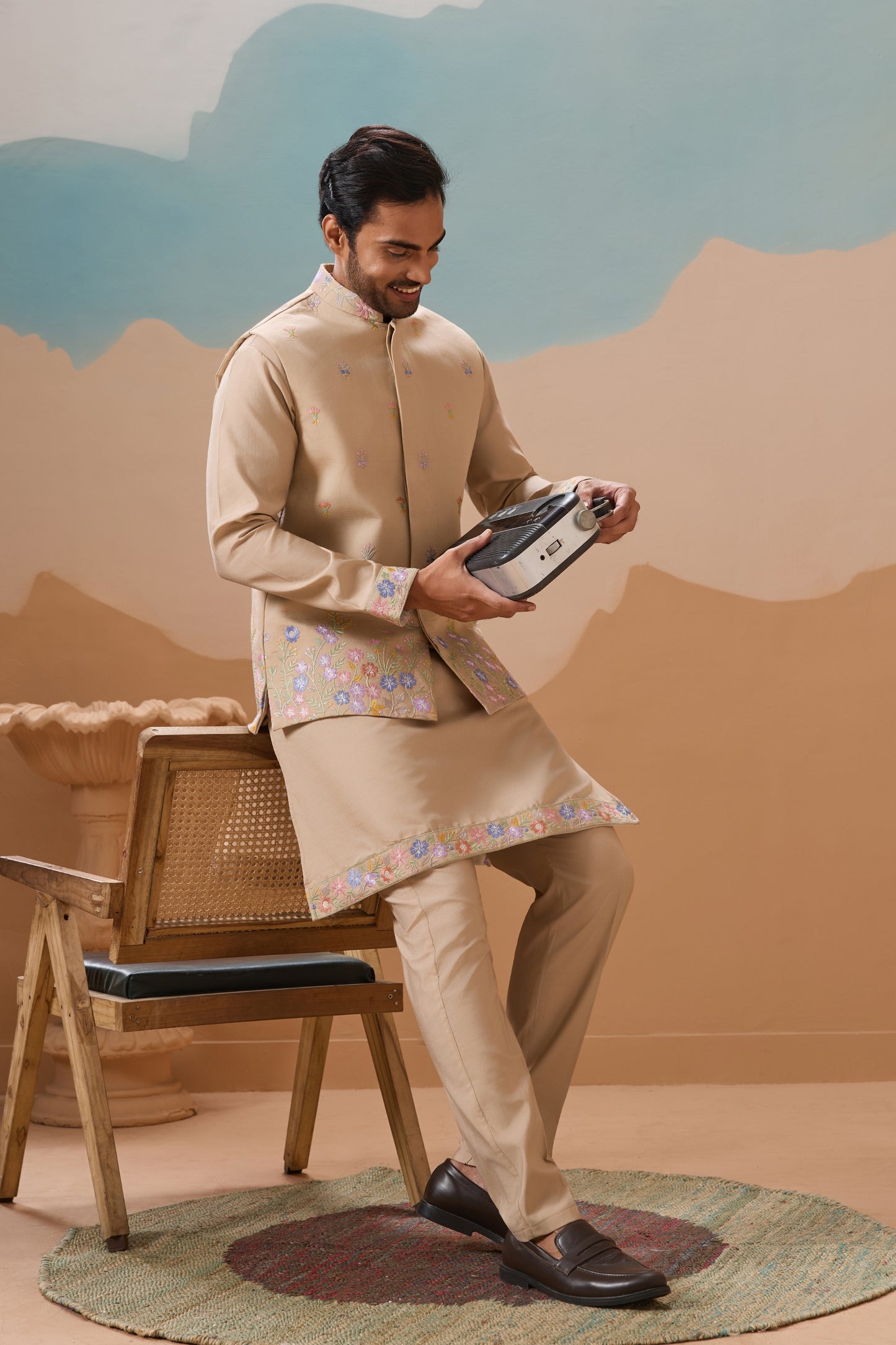 Handsome Beige Silk Embroidered Kurta Set with Floral Jacket for Wedding