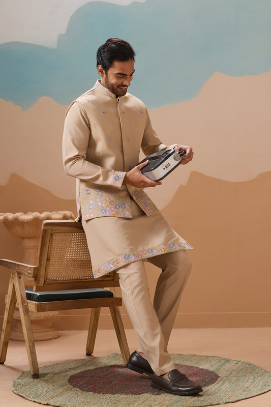 Handsome Beige Silk Embroidered Kurta Set with Floral Jacket for Wedding