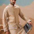 Handsome Beige Silk Embroidered Kurta Set with Floral Jacket for Wedding
