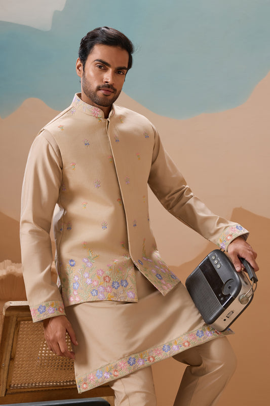 Handsome Beige Silk Embroidered Kurta Set with Floral Jacket for Wedding