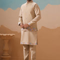 Handsome Beige Silk Embroidered Kurta Set with Floral Jacket for Wedding