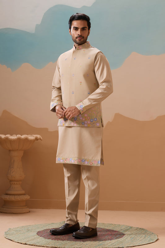 Handsome Beige Silk Embroidered Kurta Set with Floral Jacket for Wedding