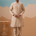 Handsome Beige Silk Embroidered Kurta Set with Floral Jacket for Wedding