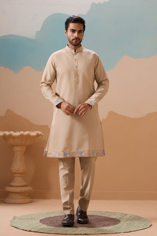 Handsome Beige Silk Embroidered Kurta Set with Floral Jacket for Wedding