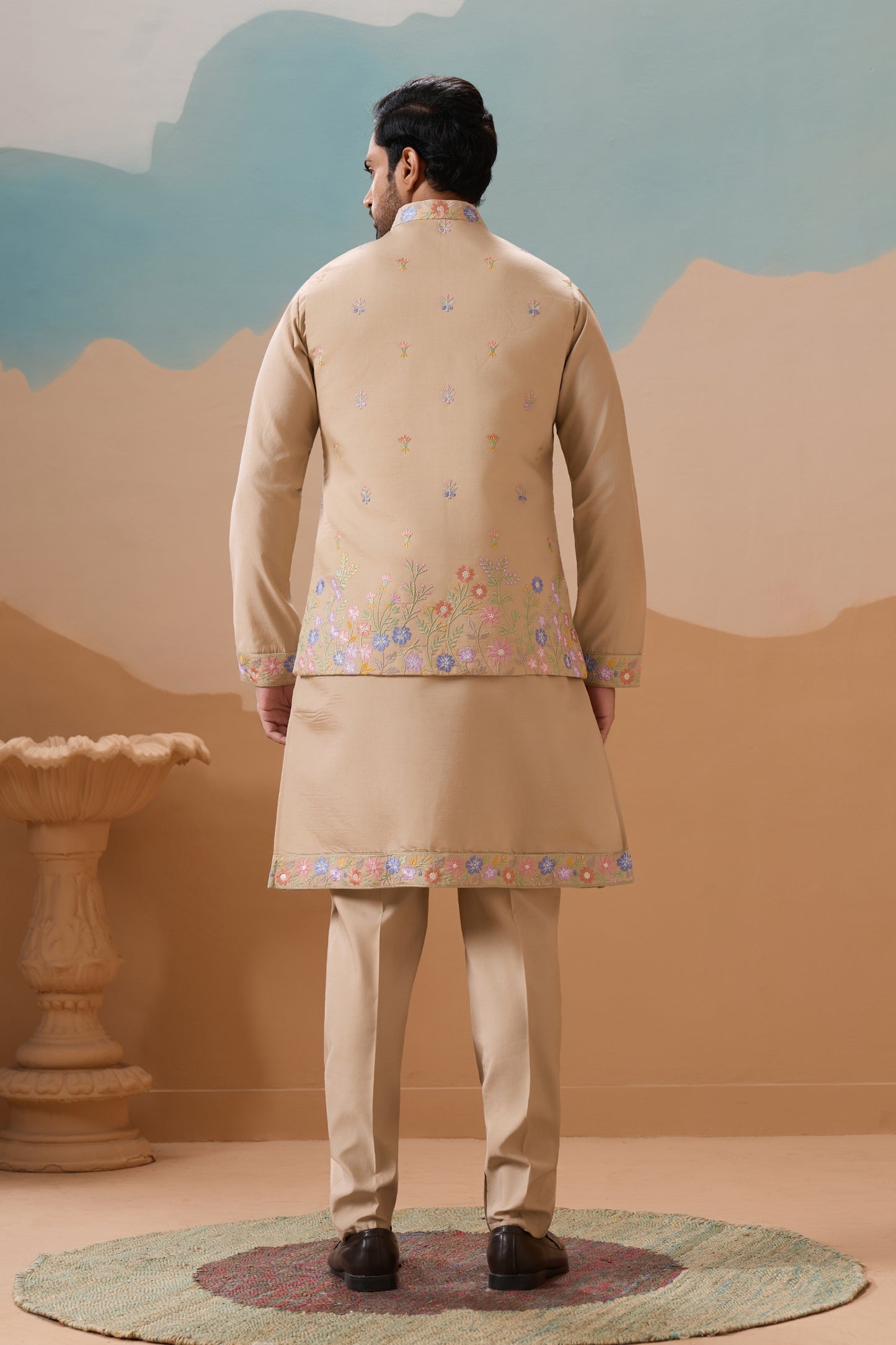 Handsome Beige Silk Embroidered Kurta Set with Floral Jacket for Wedding