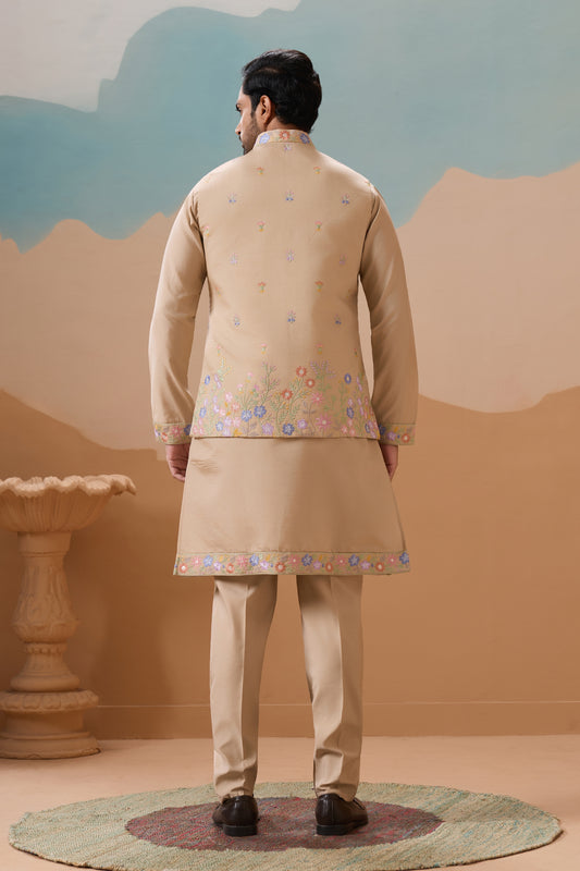Handsome Beige Silk Embroidered Kurta Set with Floral Jacket for Wedding