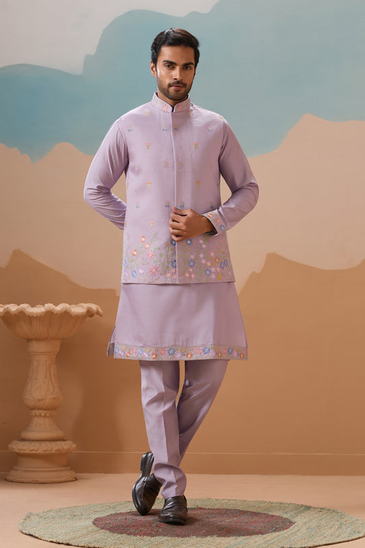 Charming Lavender Silk Embroidered Kurta Set with Floral Jacket for Wedding