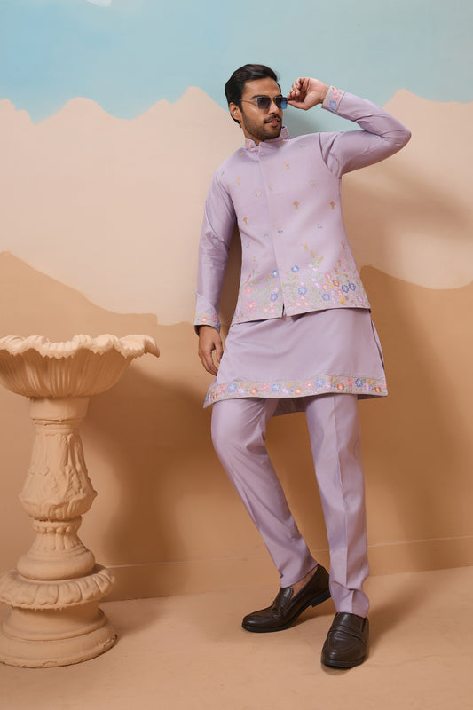 Charming Lavender Silk Embroidered Kurta Set with Floral Jacket for Wedding