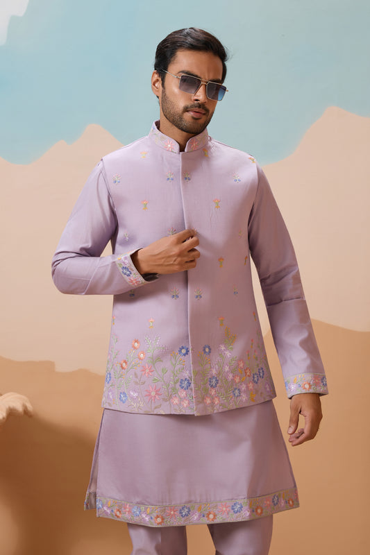 Charming Lavender Silk Embroidered Kurta Set with Floral Jacket for Wedding
