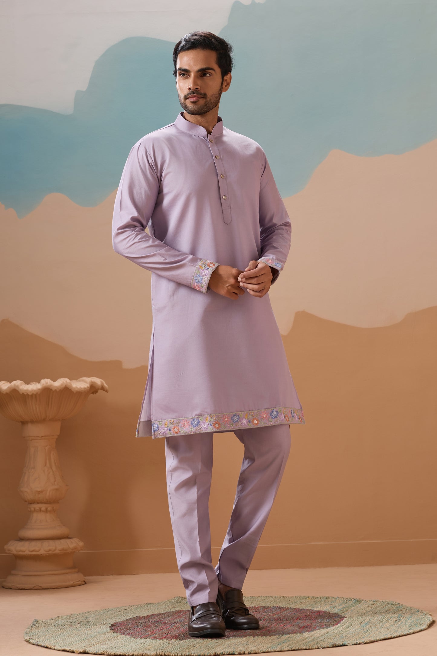 Charming Lavender Silk Embroidered Kurta Set with Floral Jacket for Wedding