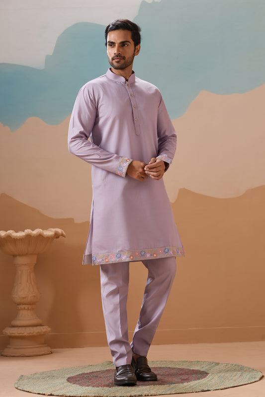 Charming Lavender Silk Embroidered Kurta Set with Floral Jacket for Wedding