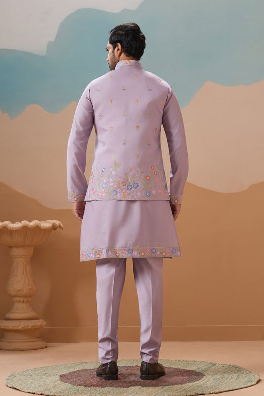 Charming Lavender Silk Embroidered Kurta Set with Floral Jacket for Wedding