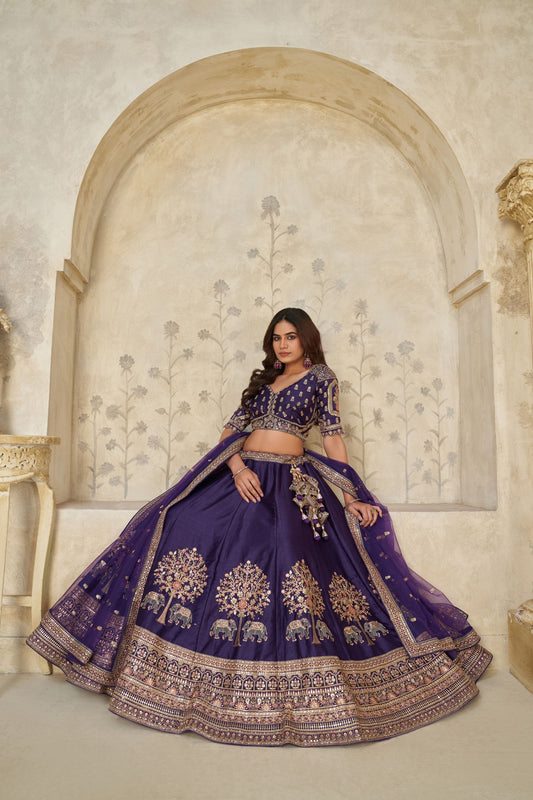 Royal Purple Silk Embroidered Lehenga Choli with Elephant Motif and Dupatta for Wedding
