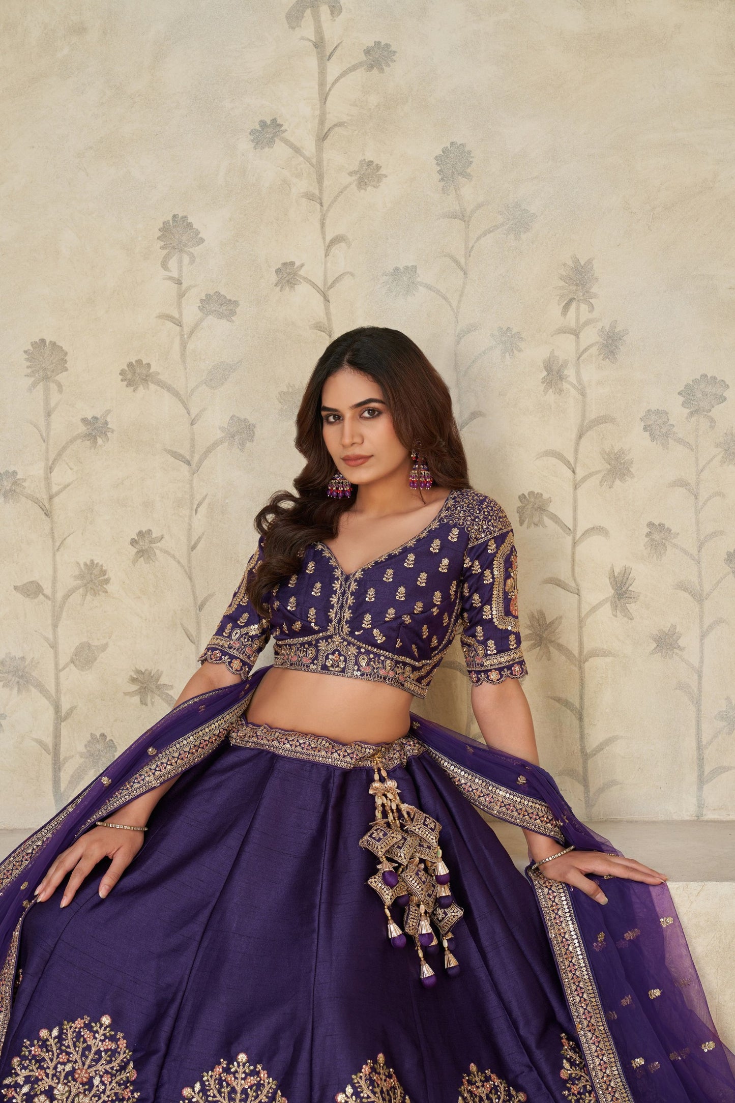 Royal Purple Silk Embroidered Lehenga Choli with Elephant Motif and Dupatta for Wedding