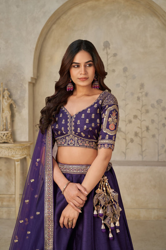 Royal Purple Silk Embroidered Lehenga Choli with Elephant Motif and Dupatta for Wedding