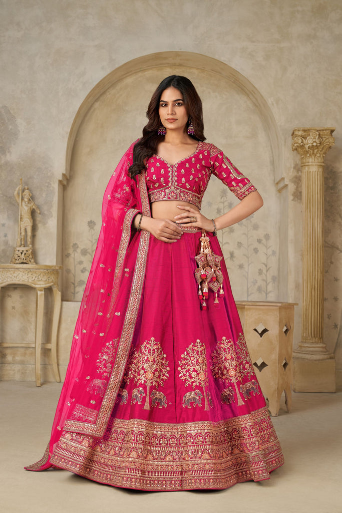 Vibrant Rani Pink Silk Embroidered Lehenga Choli with Elephant Motif and Dupatta for Wedding