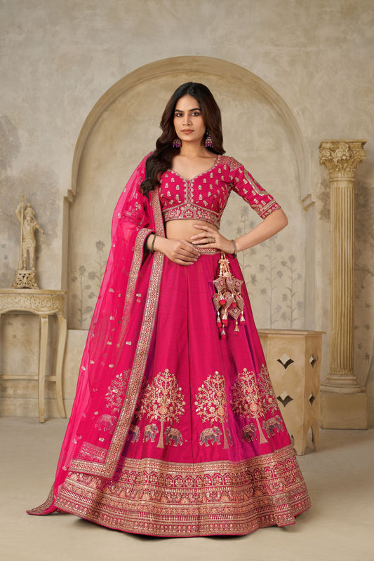 Vibrant Rani Pink Silk Embroidered Lehenga Choli with Elephant Motif and Dupatta for Wedding