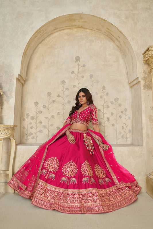 Vibrant Rani Pink Silk Embroidered Lehenga Choli with Elephant Motif and Dupatta for Wedding