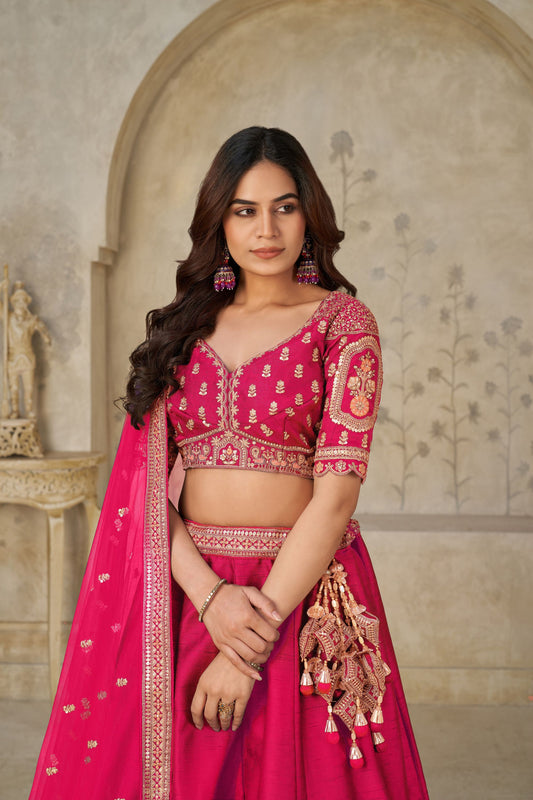 Vibrant Rani Pink Silk Embroidered Lehenga Choli with Elephant Motif and Dupatta for Wedding