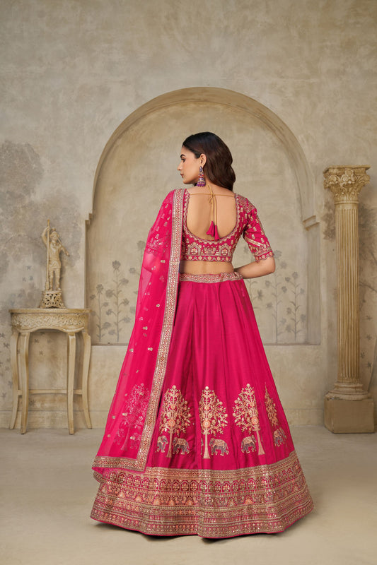 Vibrant Rani Pink Silk Embroidered Lehenga Choli with Elephant Motif and Dupatta for Wedding