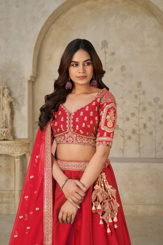 Graceful Red Silk Embroidered Lehenga Choli with Elephant Motif and Dupatta for Wedding