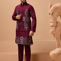 Elegant Maroon Viscose Silk Embroidered Kurta Pyjama Set with Jacket for Wedding