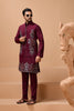 Elegant Maroon Viscose Silk Embroidered Kurta Pyjama Set with Jacket for Wedding