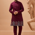 Elegant Maroon Viscose Silk Embroidered Kurta Pyjama Set with Jacket for Wedding