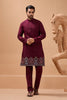 Elegant Maroon Viscose Silk Embroidered Kurta Pyjama Set with Jacket for Wedding