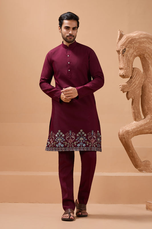 Elegant Maroon Viscose Silk Embroidered Kurta Pyjama Set with Jacket for Wedding