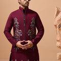 Elegant Maroon Viscose Silk Embroidered Kurta Pyjama Set with Jacket for Wedding